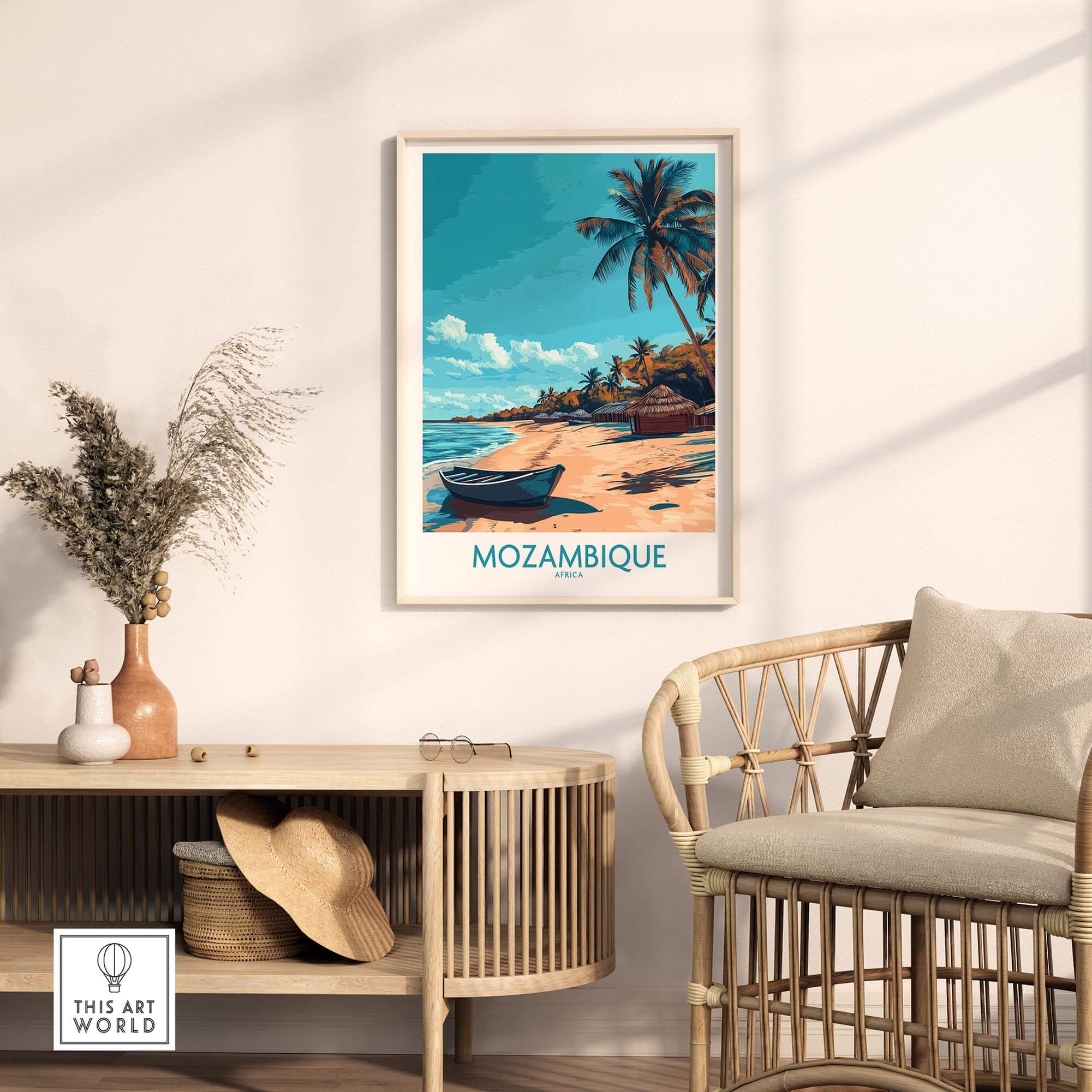 Mozambique Wall Art Print featuring a serene beach scene with palm trees and a boat, perfect for home decoration.