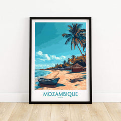 Mozambique Wall Art Print featuring a beautiful beach scene with palm trees and a boat, perfect for home decor.