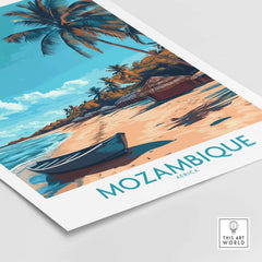 Mozambique Wall Art Print featuring a serene beach scene with palm trees and a boat in vibrant colors.