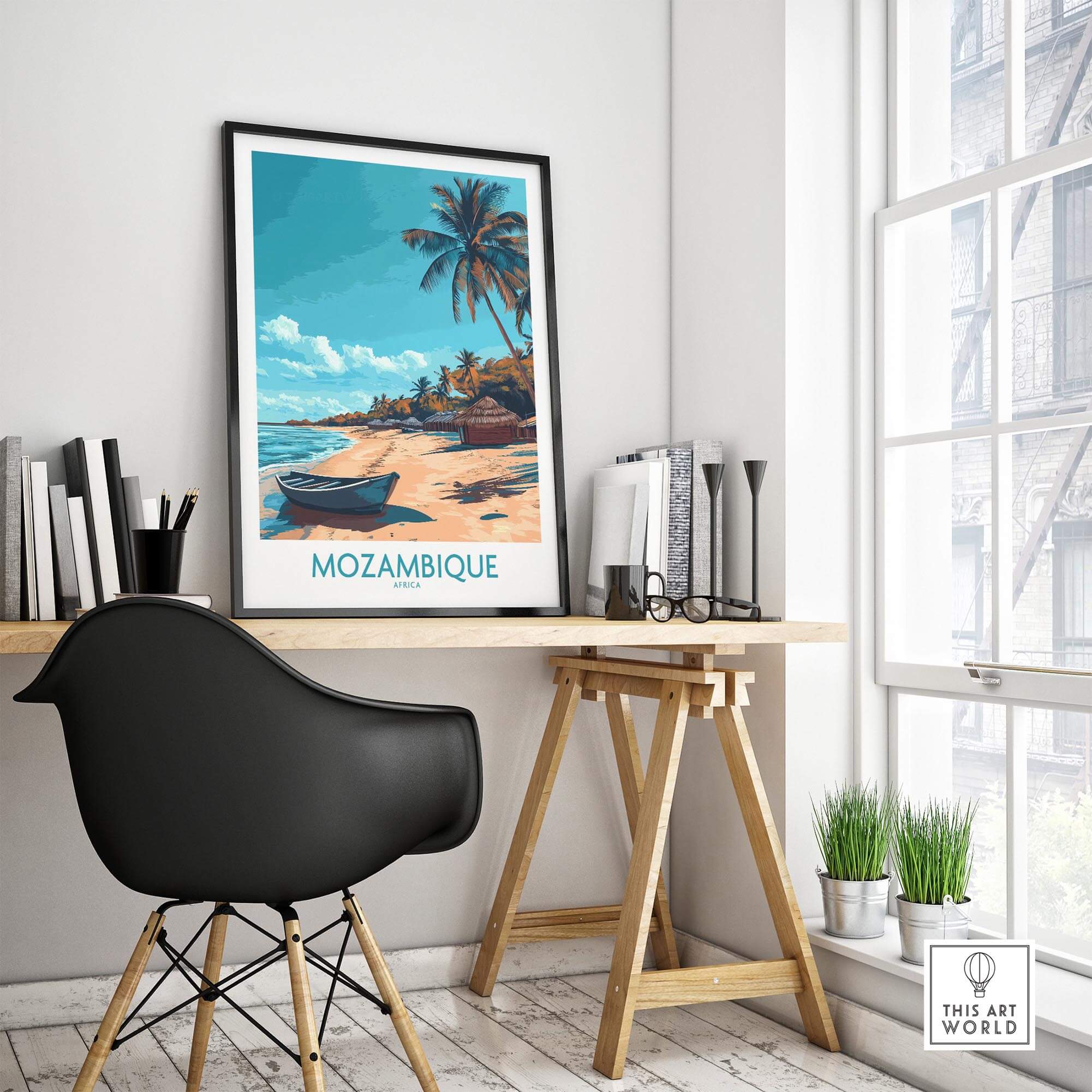 Mozambique Wall Art Print depicting a serene beach scene with palm trees and a boat by the shore.