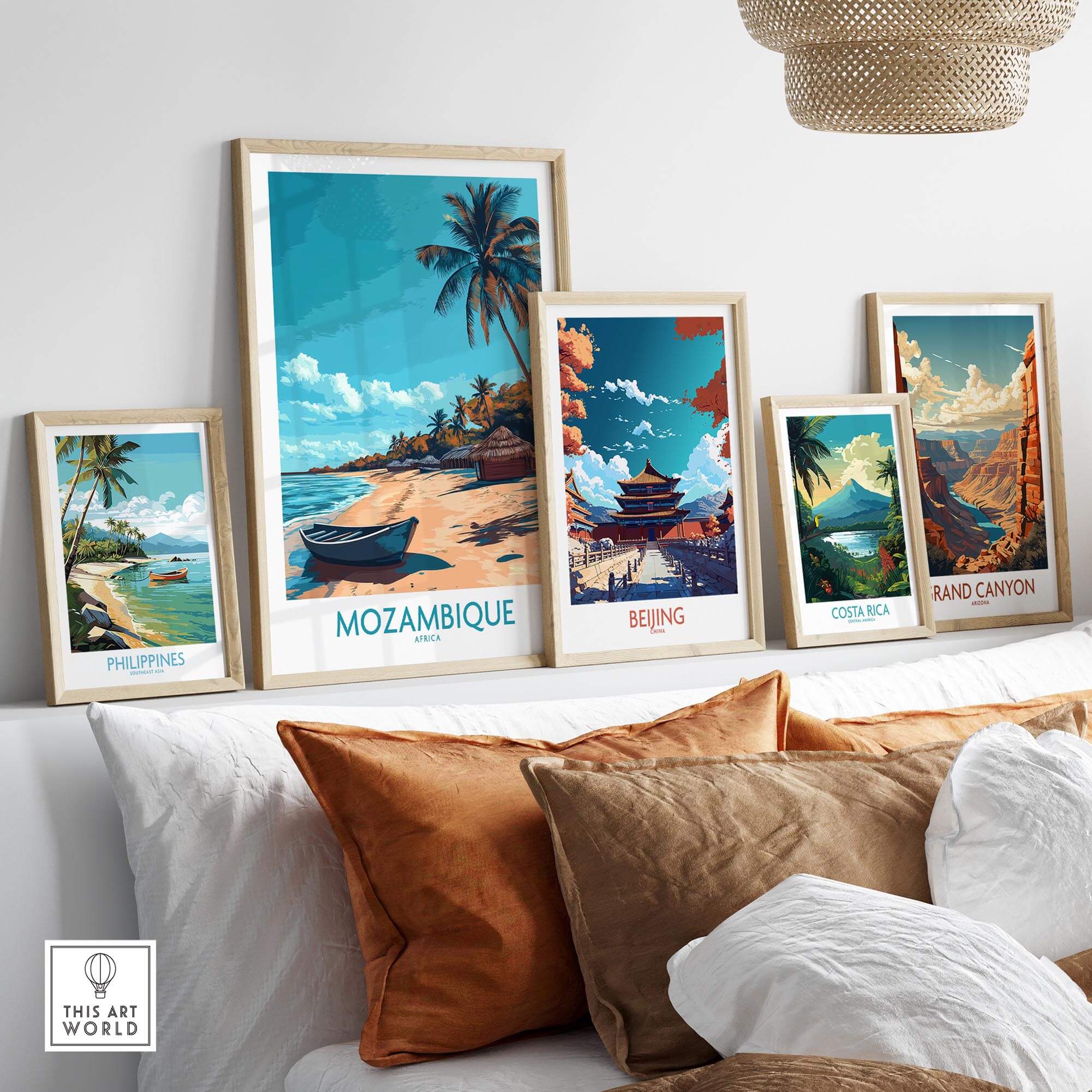 Mozambique Wall Art Print featuring a beautiful beach scene among other travel-themed art prints.