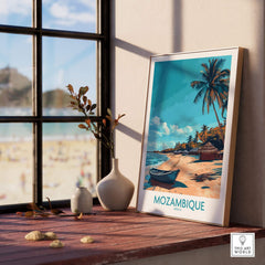 Mozambique Wall Art Print displayed in a bright room, showcasing a beach scene with palm trees and a boat.