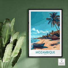 Mozambique Wall Art Print showcasing a serene beach scene with palm trees and a boat, perfect for home decor.