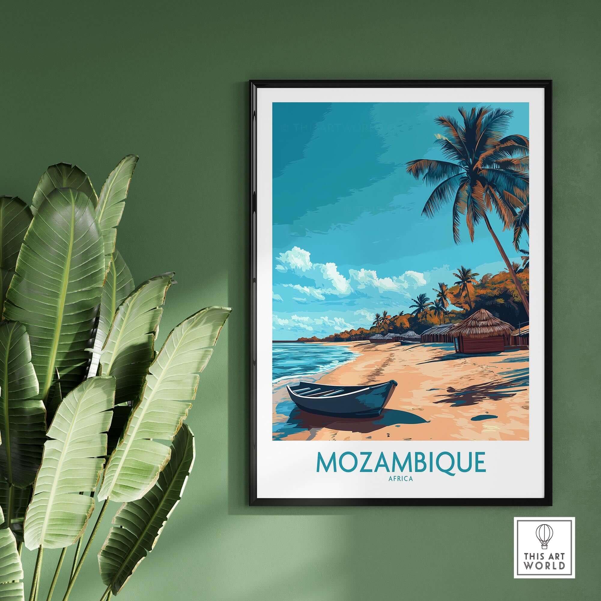 Mozambique Wall Art Print showcasing a serene beach scene with palm trees and a boat, perfect for home decor.