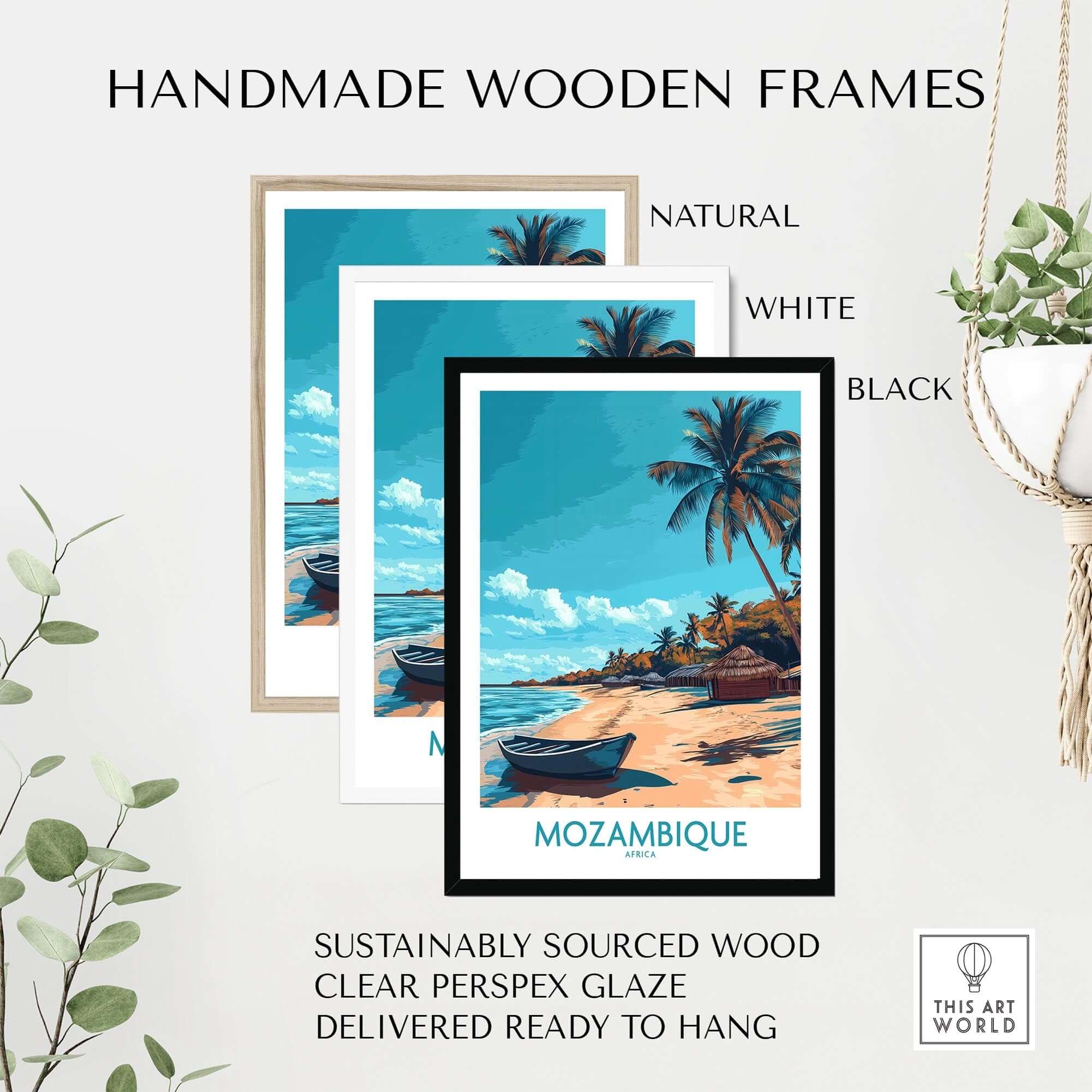 Handmade wooden frames for Mozambique Wall Art Print in natural, white, and black finishes.