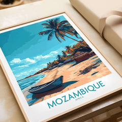 Mozambique Wall Art Print showcasing a serene beach scene with palm trees and a boat.