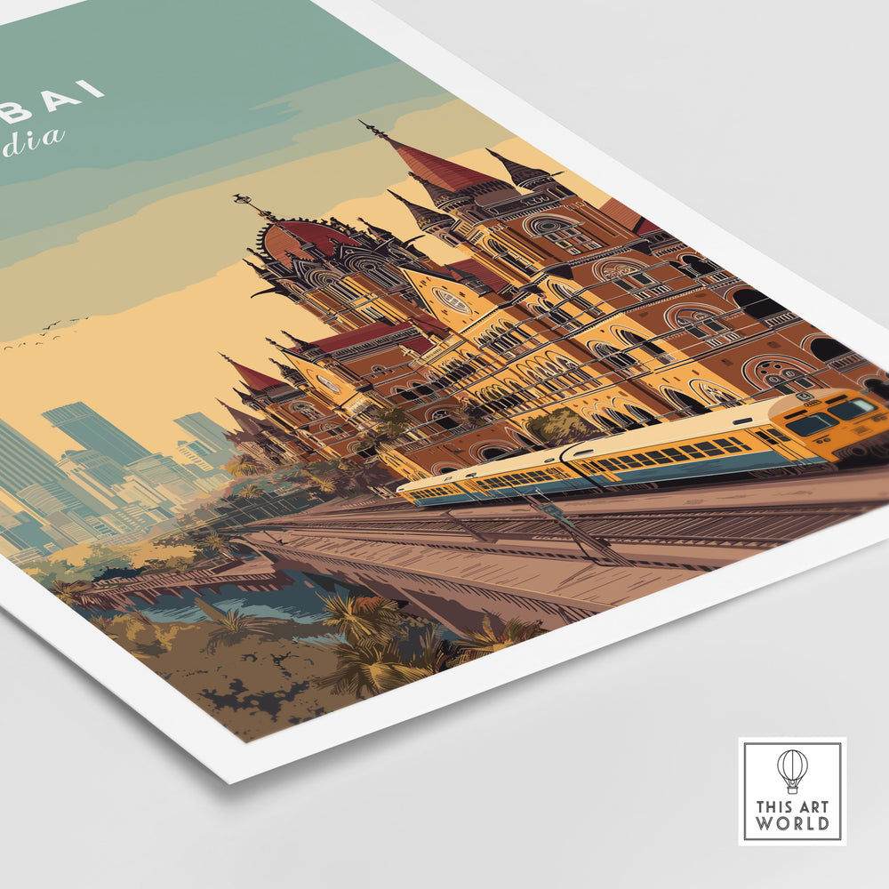 Chhatrapati Shivaji Terminus poster art print featuring Mumbai's historic train station and skyline.