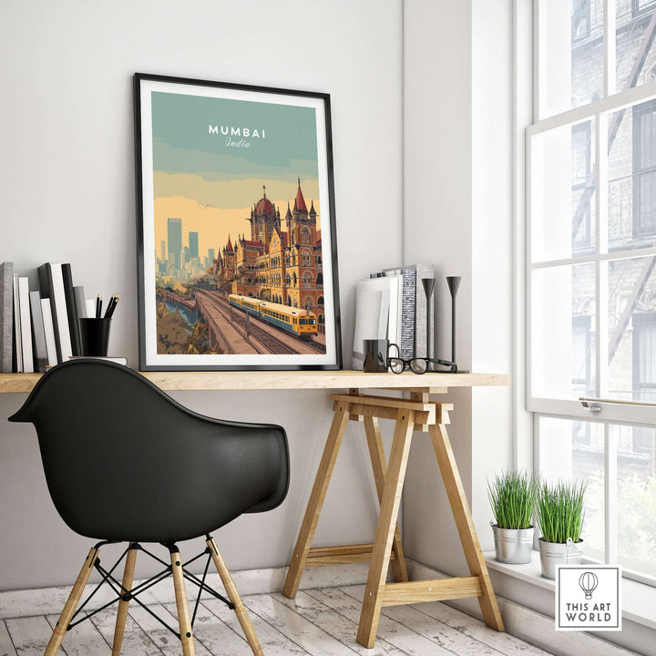 Chhatrapati Shivaji Terminus poster in stylish workspace, enhancing Mumbai's architectural beauty.