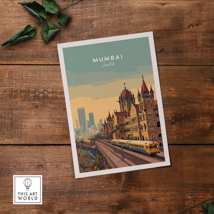Mumbai Chhatrapati Shivaji Terminus art print showcasing iconic architecture and train station on wooden background.