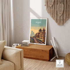 Mumbai India Chhatrapati Shivaji Terminus Poster - Historic Train Station Art Print showcased in a stylish interior setting.
