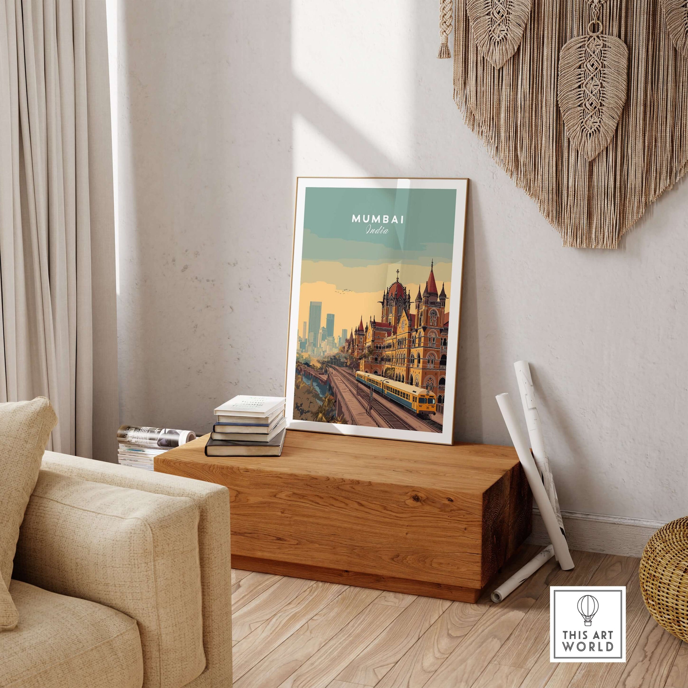 Mumbai India Chhatrapati Shivaji Terminus Poster - Historic Train Station Art Print showcased in a stylish interior setting.