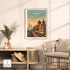 Mumbai India Chhatrapati Shivaji Terminus Poster - Historic Train Station Art Print showcased in a stylish interior.