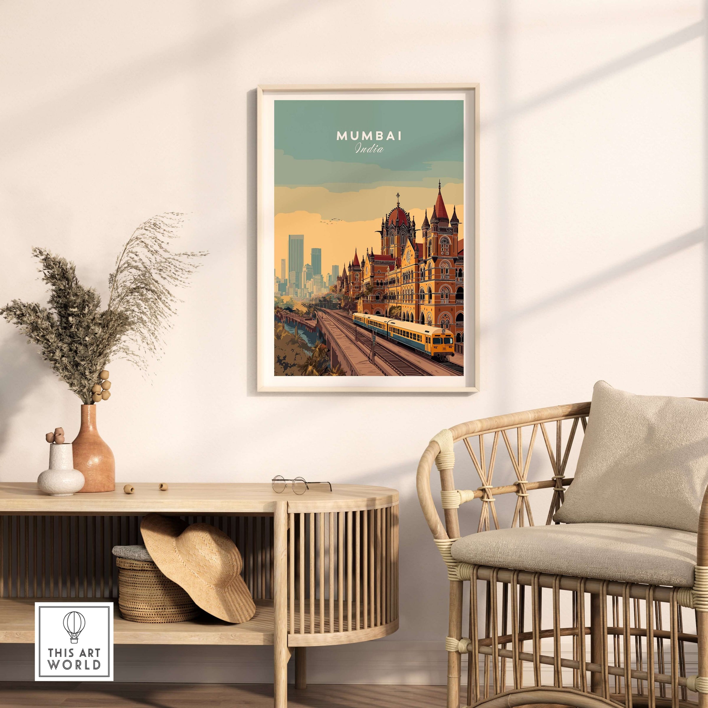 Mumbai India Chhatrapati Shivaji Terminus Poster - Historic Train Station Art Print showcased in a stylish interior.