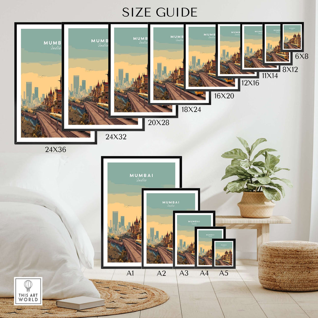 Size guide for Mumbai Chhatrapati Shivaji Terminus posters in various dimensions and styles.