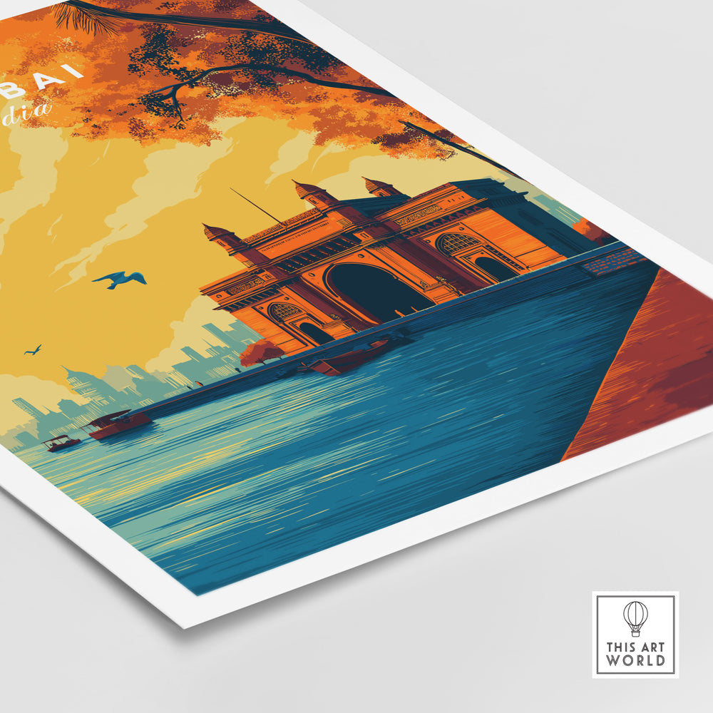 Gateway of India dusk poster showcasing vibrant colors and serene water scene, perfect for enhancing home decor.
