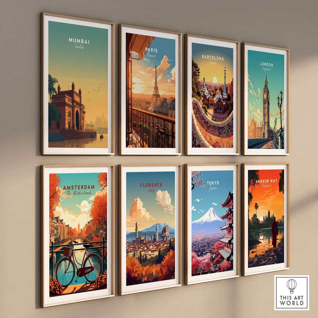 Collection of vibrant city travel posters featuring Mumbai, Paris, Barcelona, London, Amsterdam, Florence, Tokyo, and Angkor Wat.