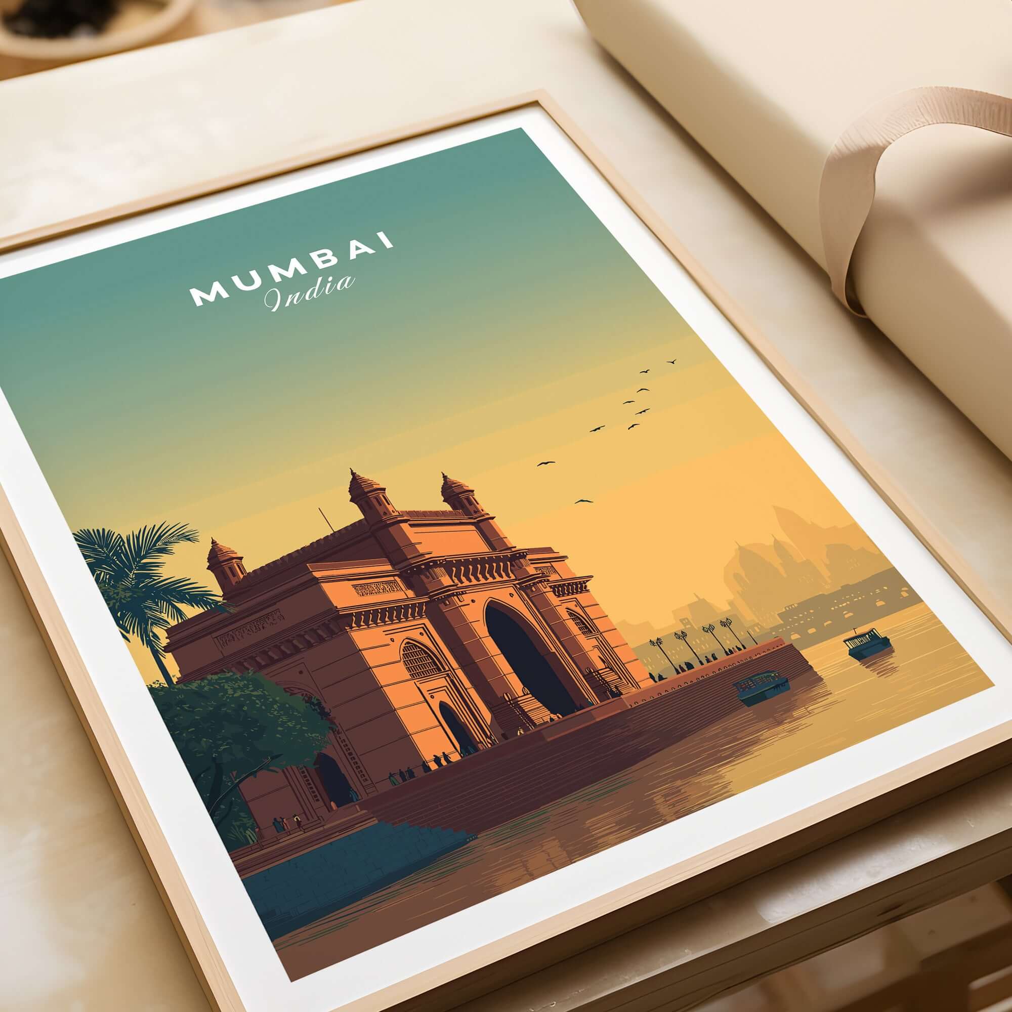 Mumbai India Gateway of India Sunset Poster - Mumbai Landmark Wall Art displayed in a stylish frame.