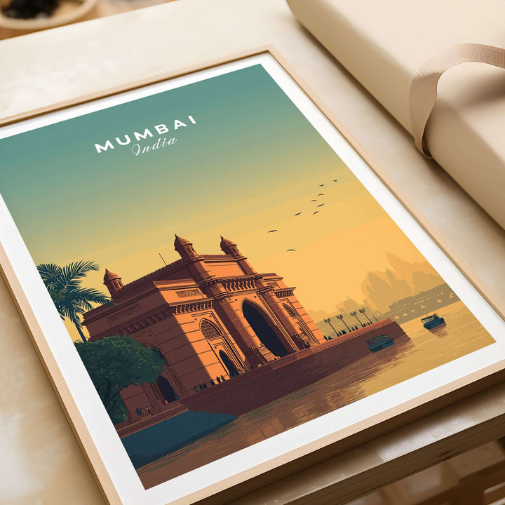 Mumbai Gateway of India sunset poster, showcasing vibrant colors and iconic landmark for wall art decor.