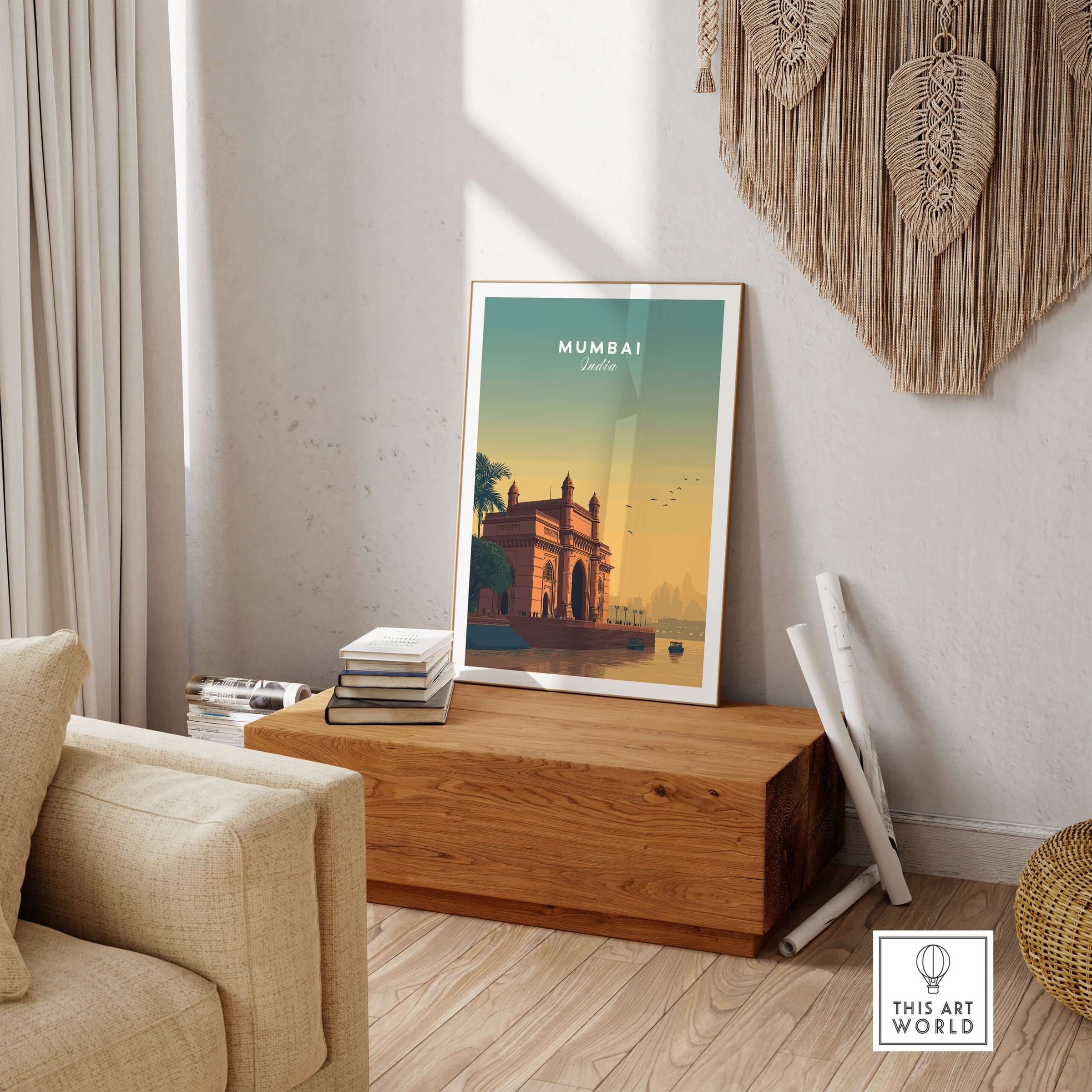 Mumbai India Gateway of India Sunset Poster - Mumbai Landmark Wall Art displayed in a cozy interior setting.