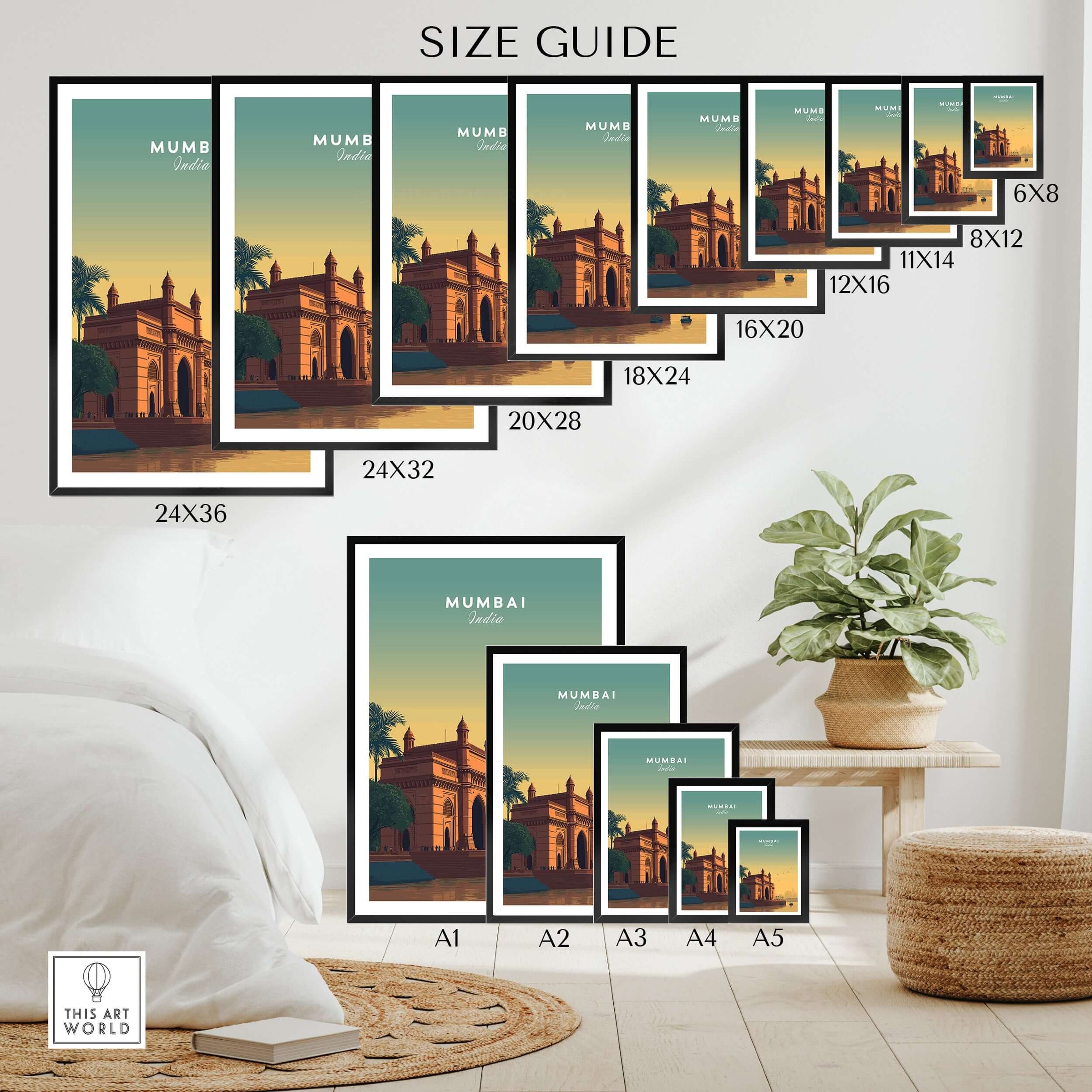 Mumbai India Gateway of India Sunset Poster - Mumbai Landmark Wall Art size guide showing different print sizes.