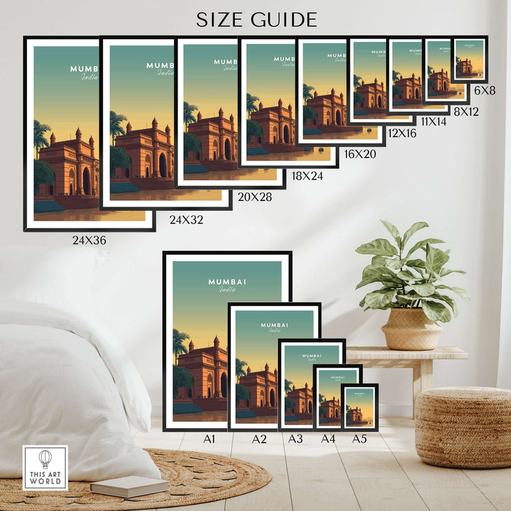 Size guide for Mumbai Gateway of India sunset poster in various dimensions on a stylish home display.