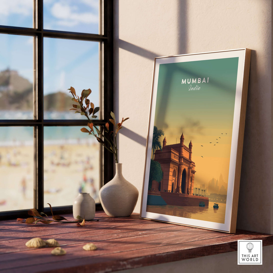 Elegant Mumbai Gateway of India sunset poster displayed on a wooden table by a window, showcasing seaside scenery.