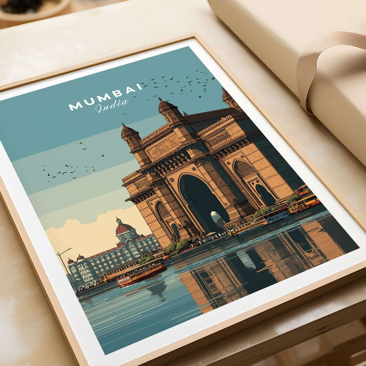 Mumbai Gateway of India waterfront print, vibrant cityscape travel poster showcasing iconic monument and serene waters.