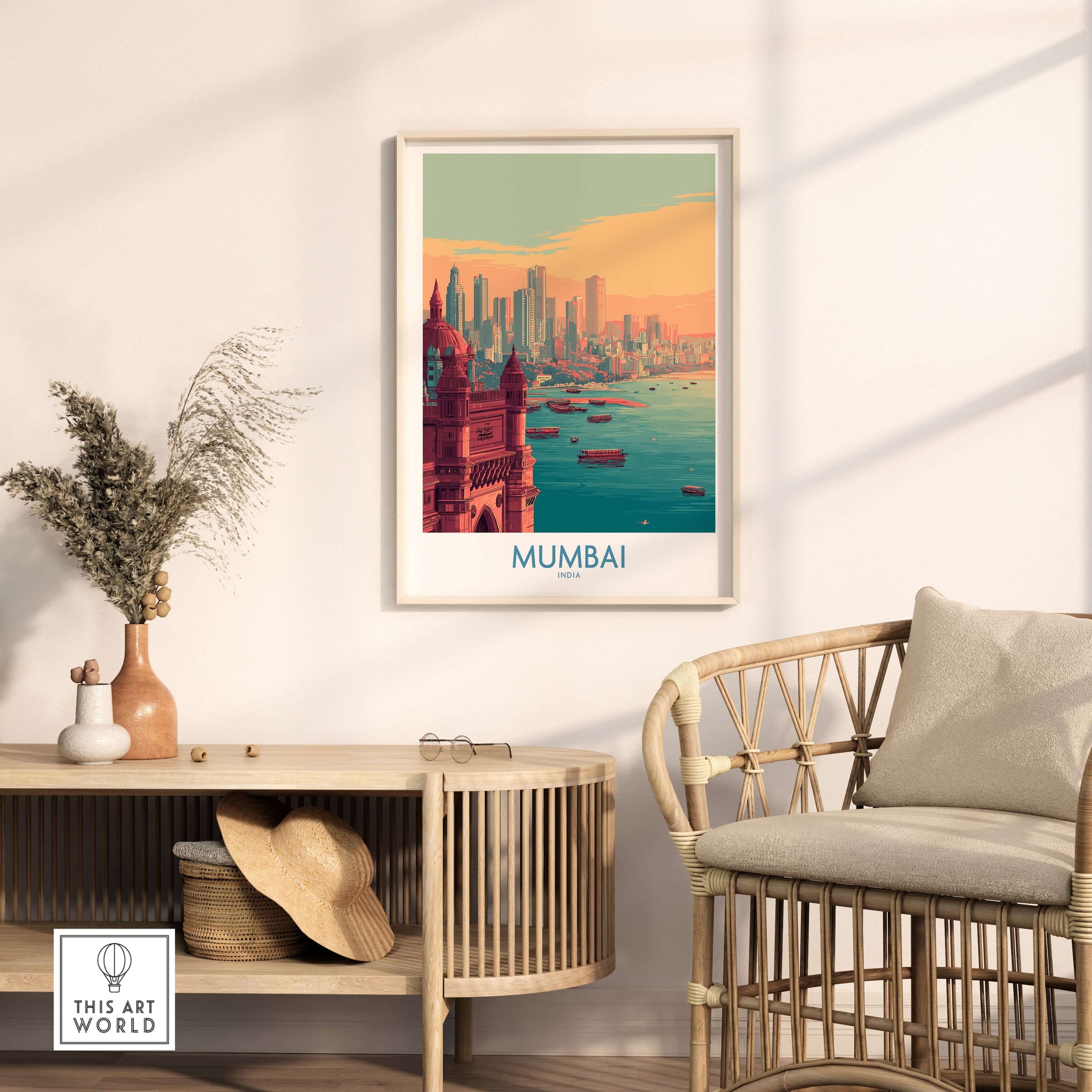 Mumbai India Boats on Bay Print - Financial Capital Travel Decor framed in a modern living room setting.
