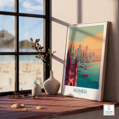 Mumbai India Boats on Bay Print - Financial Capital Travel Decor displayed on a windowsill with vibrant city view.
