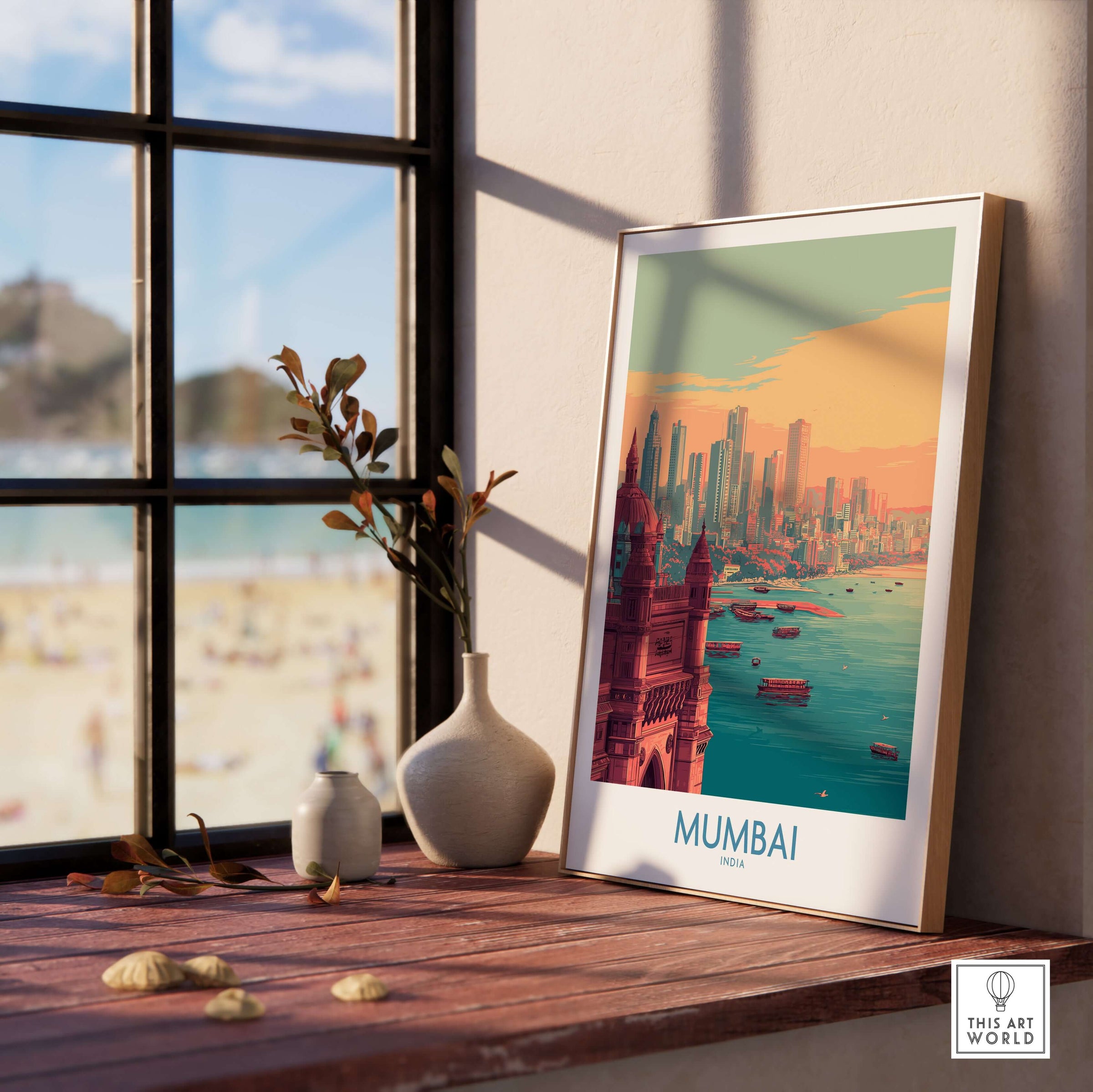 Mumbai India Boats on Bay Print - Financial Capital Travel Decor displayed on a windowsill with vibrant city view.
