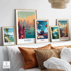 Mumbai India Boats on Bay Print - Financial Capital Travel Decor on display with other travel prints.