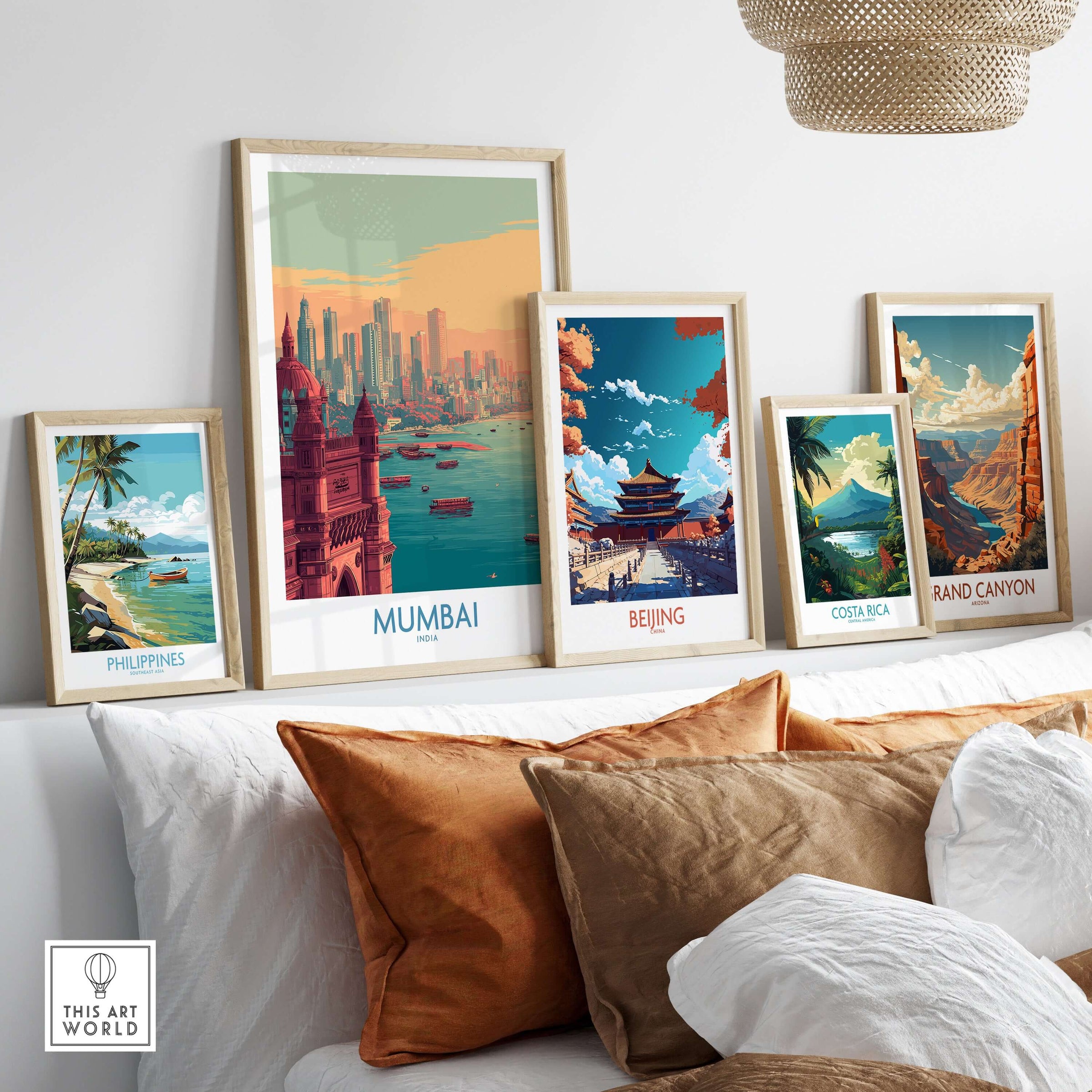 Mumbai India Boats on Bay Print - Financial Capital Travel Decor on display with other travel prints.