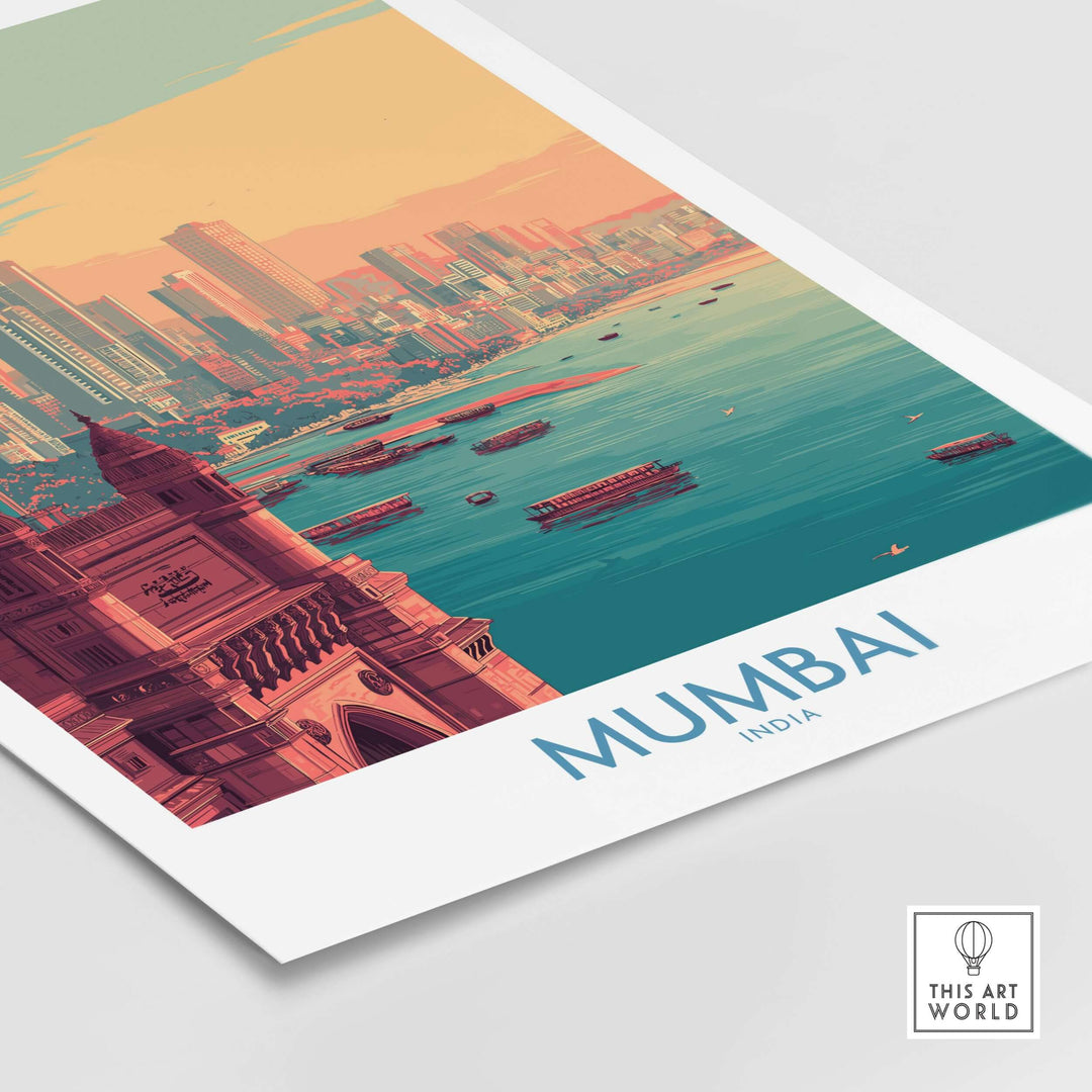 Vibrant Mumbai harbor print showcasing boats and skyline, perfect for travel decor lovers.