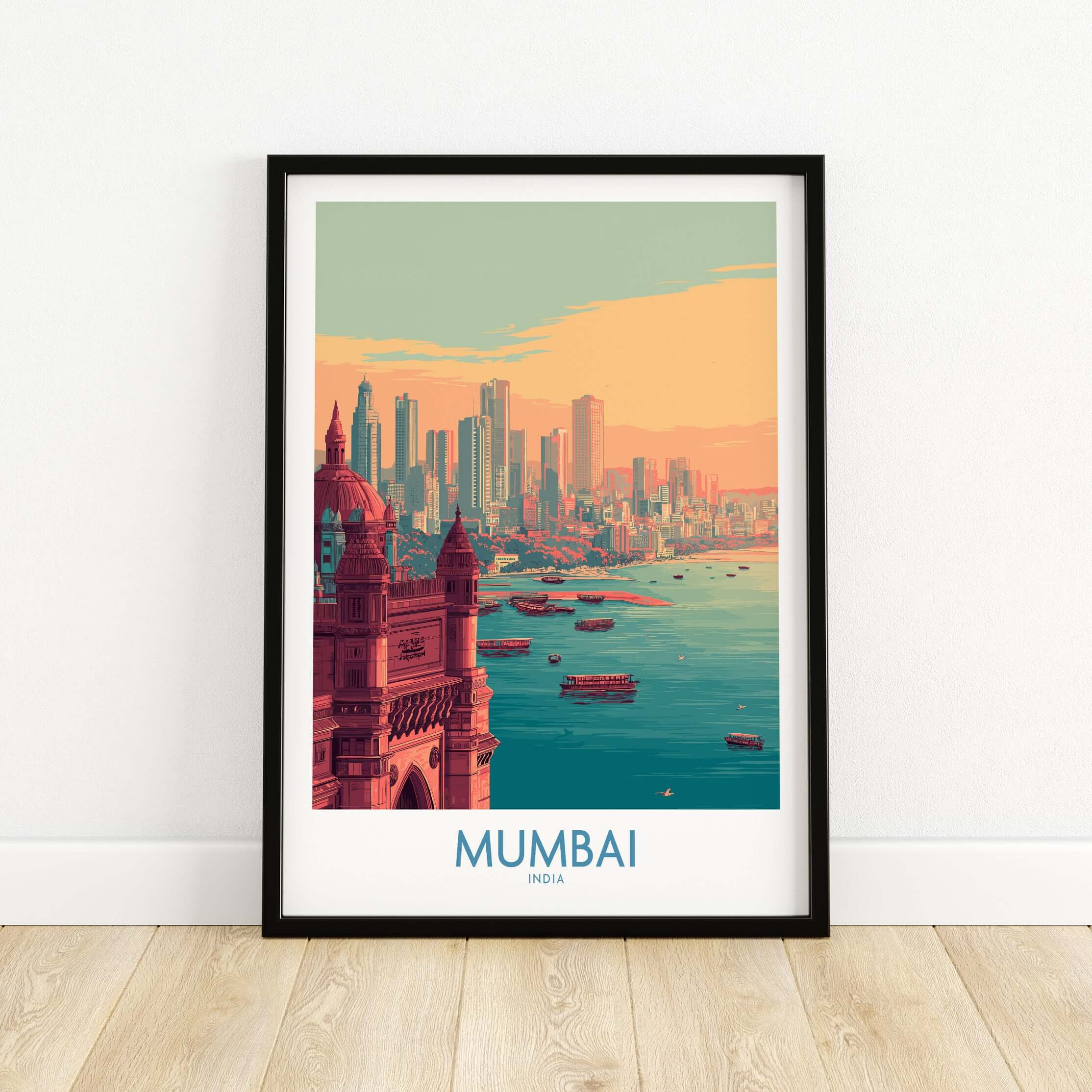 Mumbai India Boats on Bay Print - Financial Capital Travel Decor artwork showcasing Mumbai's vibrant harbor and skyline.