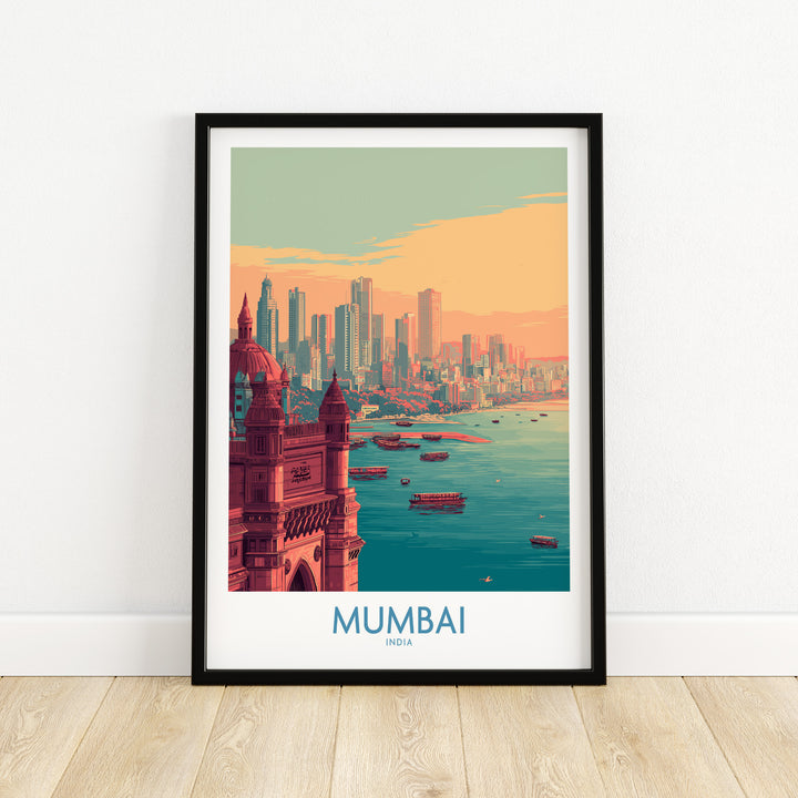 Mumbai Boats on Bay print showcasing vibrant coastal cityscape and iconic architecture in urban decor.
