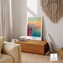 Mumbai India Boats on Bay Print - Financial Capital Travel Decor in a stylish living room setting.