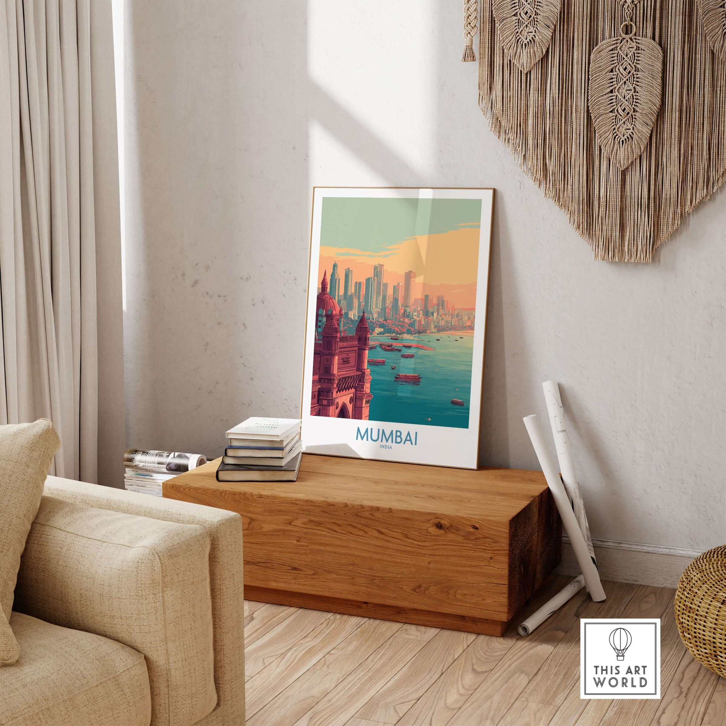 Mumbai India Boats on Bay Print - Financial Capital Travel Decor in a stylish living room setting.