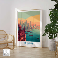 Mumbai India Boats on Bay Print - Financial Capital Travel Decor showcased in modern interior with vibrant colors.