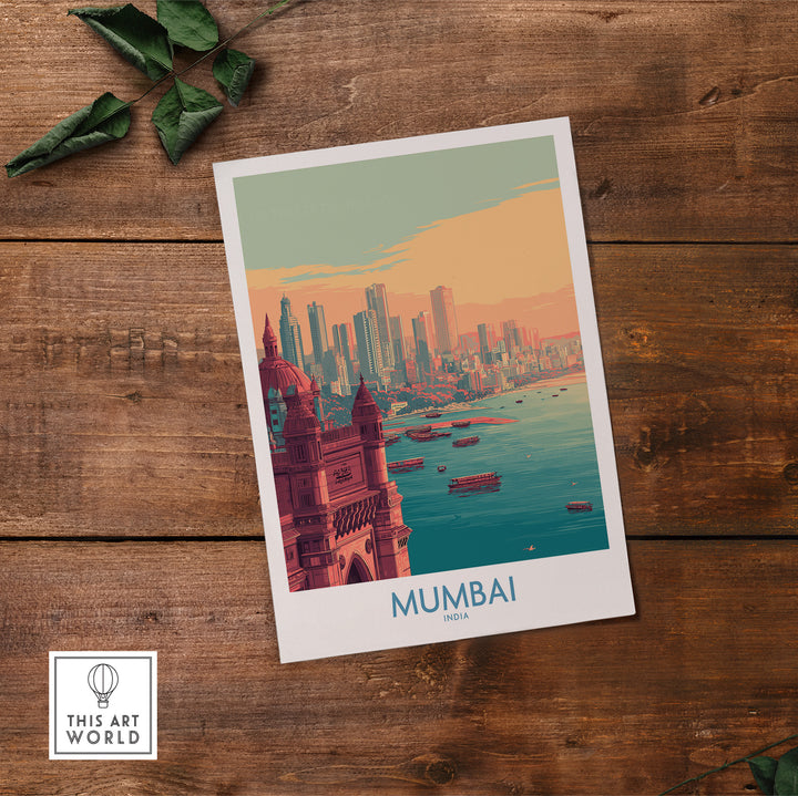 Boats on Mumbai Bay print showcasing the city's skyline and vibrant waterfront life as Indian travel decor.