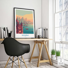 Mumbai India Boats on Bay Print - Financial Capital Travel Decor in a stylish modern room with a wooden desk.