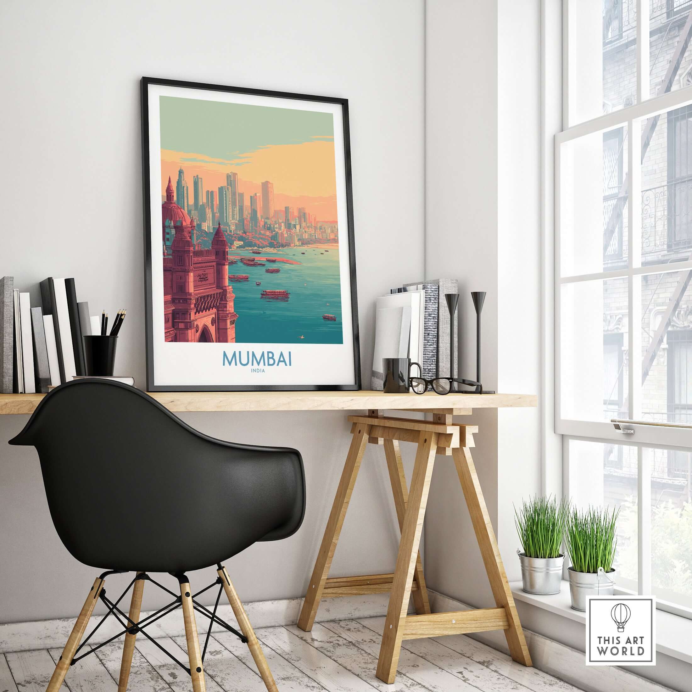 Mumbai India Boats on Bay Print - Financial Capital Travel Decor in a stylish modern room with a wooden desk.