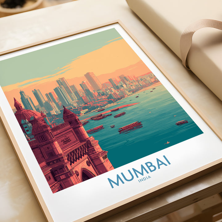 Vibrant Mumbai bay print showcasing boats and city skyline, perfect for travel-themed decor.