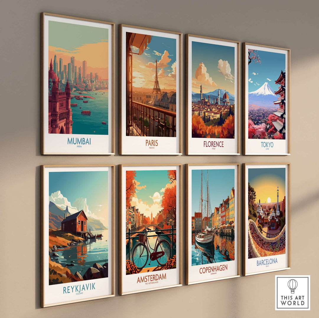 Art prints of iconic cities: Mumbai, Paris, Florence, Tokyo, Reykjavik, Amsterdam, Copenhagen, Barcelona.