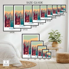 Mumbai India Boats on Bay Print - Financial Capital Travel Decor size guide with various frame dimensions.