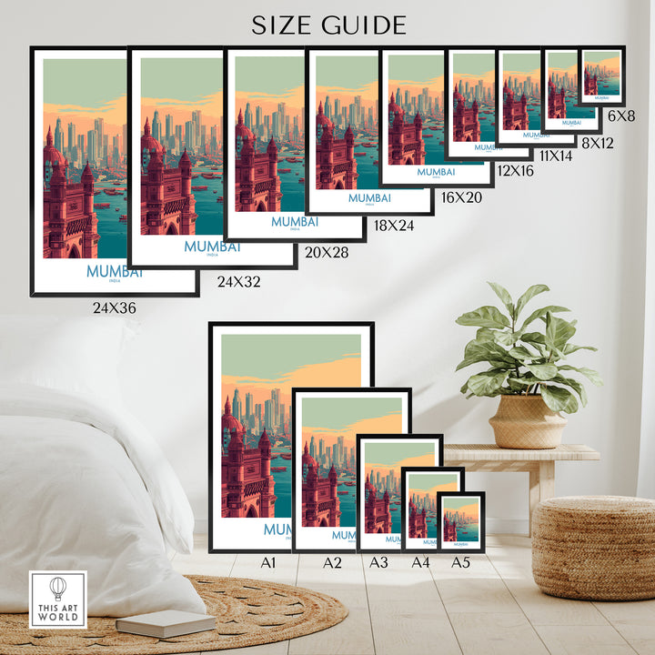 Size guide for Mumbai boats print showcasing various dimensions for enhancing home decor.