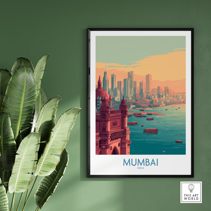 Mumbai boats bay print showcasing the city's skyline and waterfront, ideal for travel decor in vibrant colors.