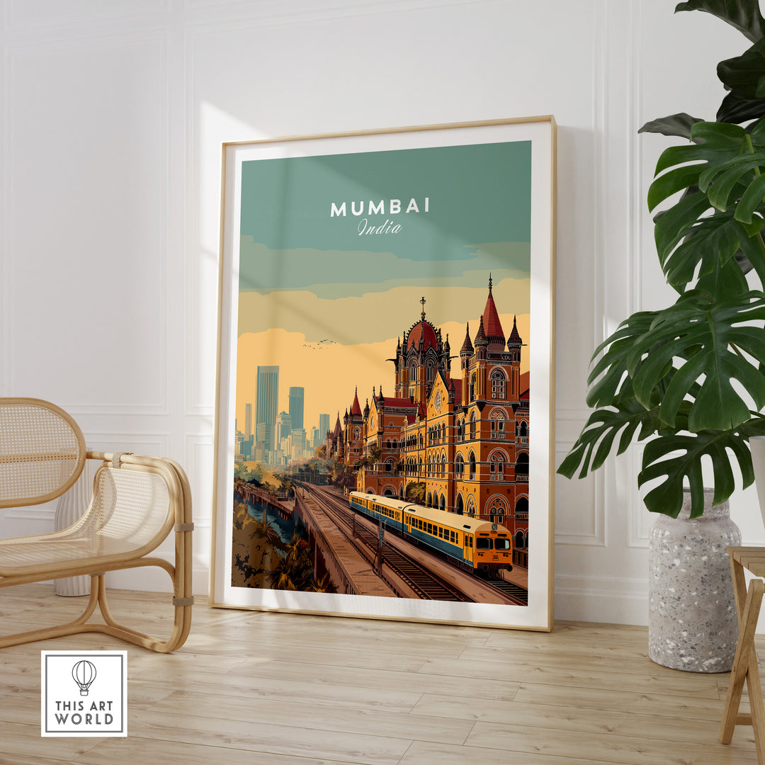 Chhatrapati Shivaji Terminus poster showcasing Mumbai's historic architecture and urban landscape.