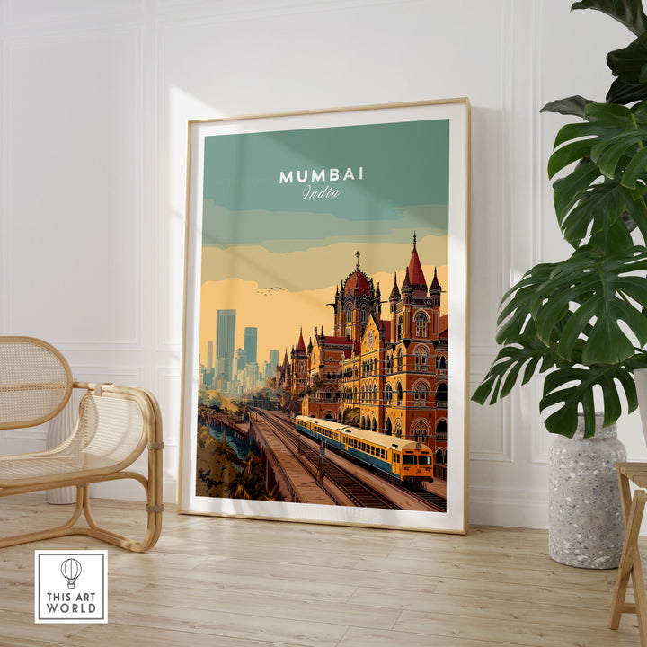 Chhatrapati Shivaji Terminus poster showcasing Mumbai's historic architecture and urban landscape.