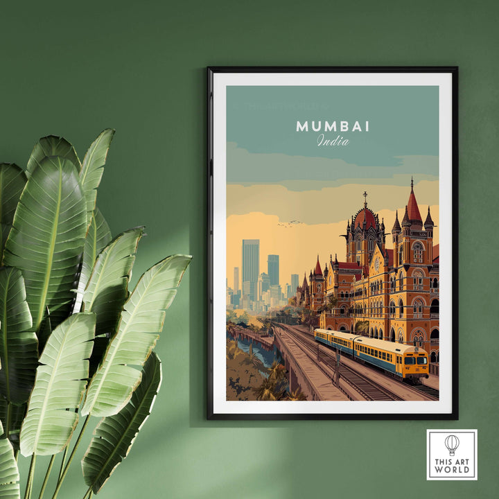 Mumbai India vintage train poster featuring Chhatrapati Shivaji Terminus and city skyline in elegant design.
