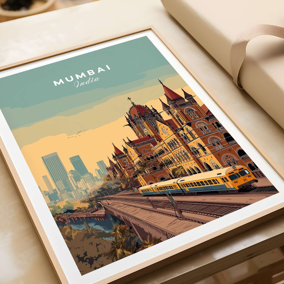 Chhatrapati Shivaji Terminus poster showcasing Mumbai's iconic architecture and train station design.